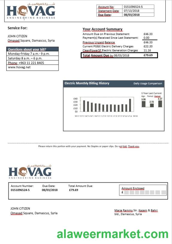 Syria HOVAG electricity bill in Word format